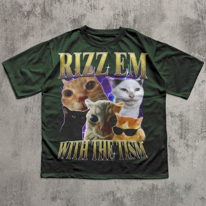 Rizz Em With The Tism Vintage Graphic Tee, Retro 90s Funny Cat Meme Shirt, Weird Shirts