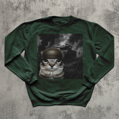 Cat in Battlefield Funny Meme Sweatshirt, Stupid Gifts, Silly Cats Sweater, Kitten Soldier Sweatshirts, Weird Tops, Ugly Sweaters, Cat Lover