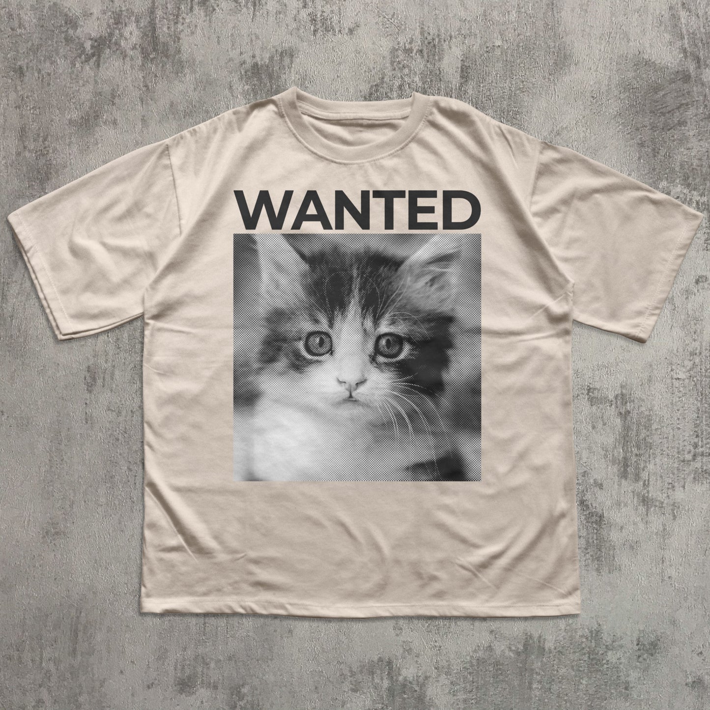 Beige t-shirt with a kitten graphic and 'WANTED' text on a textured gray background