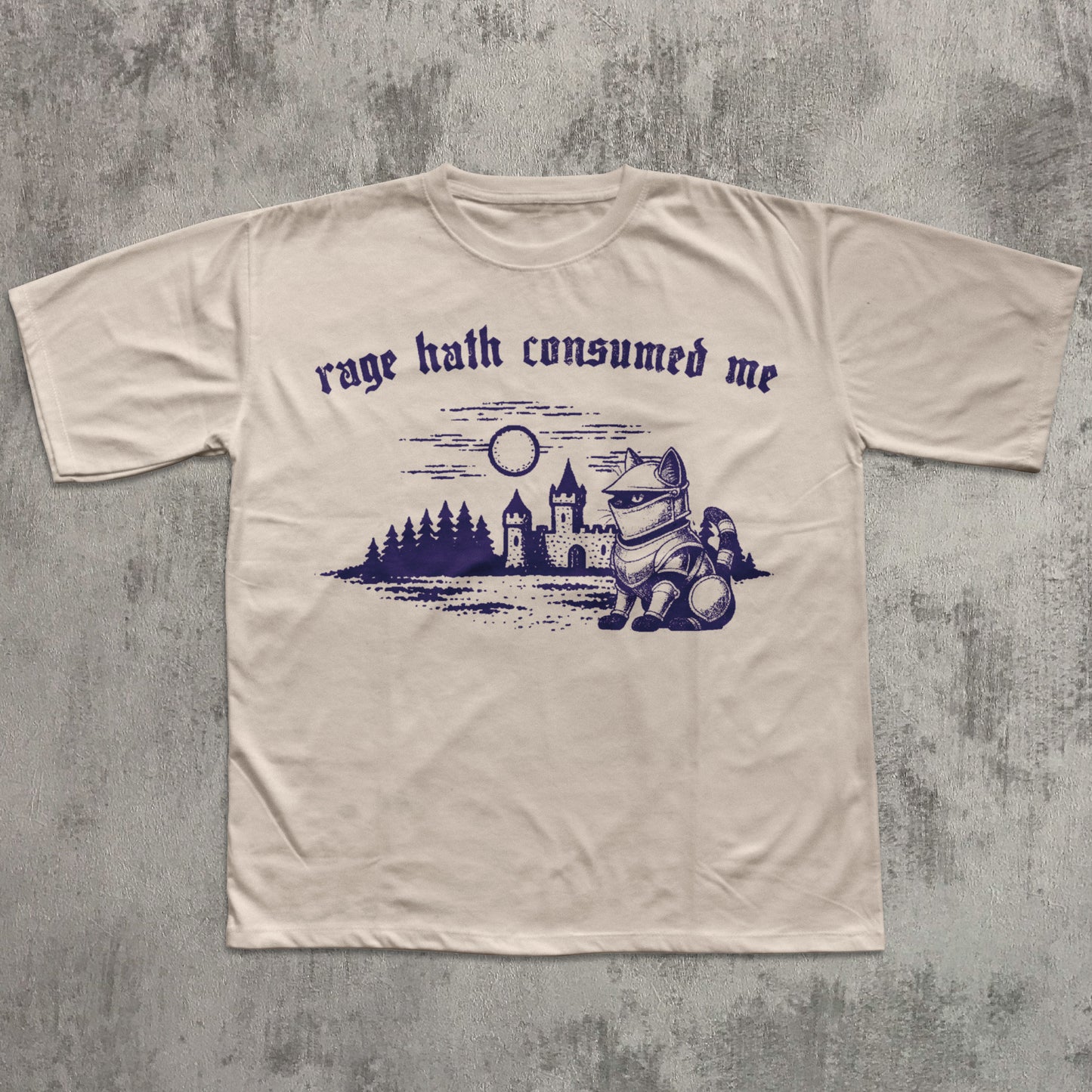 Beige t-shirt with purple graphic and text on a textured gray background