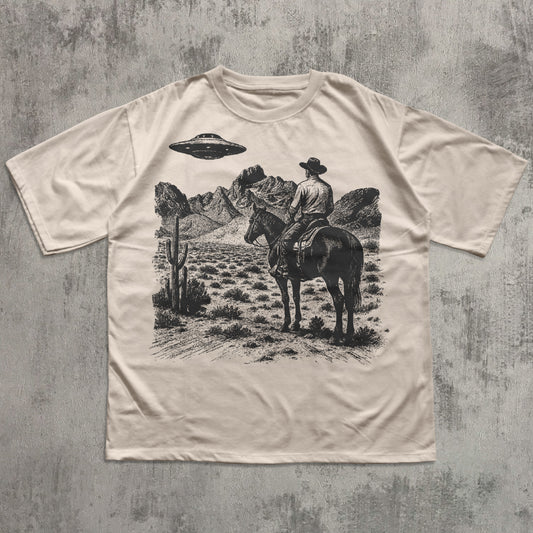 Western Cowboy UFO Tshirt, Vintage Cowboy Alien T-shirt