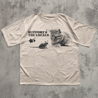 Support The Locals Y2k Cat And Mouse T-shirt, Vintage Graphic Cats Tee, Retro Kitten Shirt