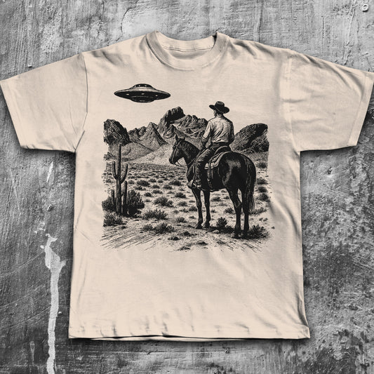 Western Cowboy UFO Tshirt, Vintage Cowboy Alien T-shirt
