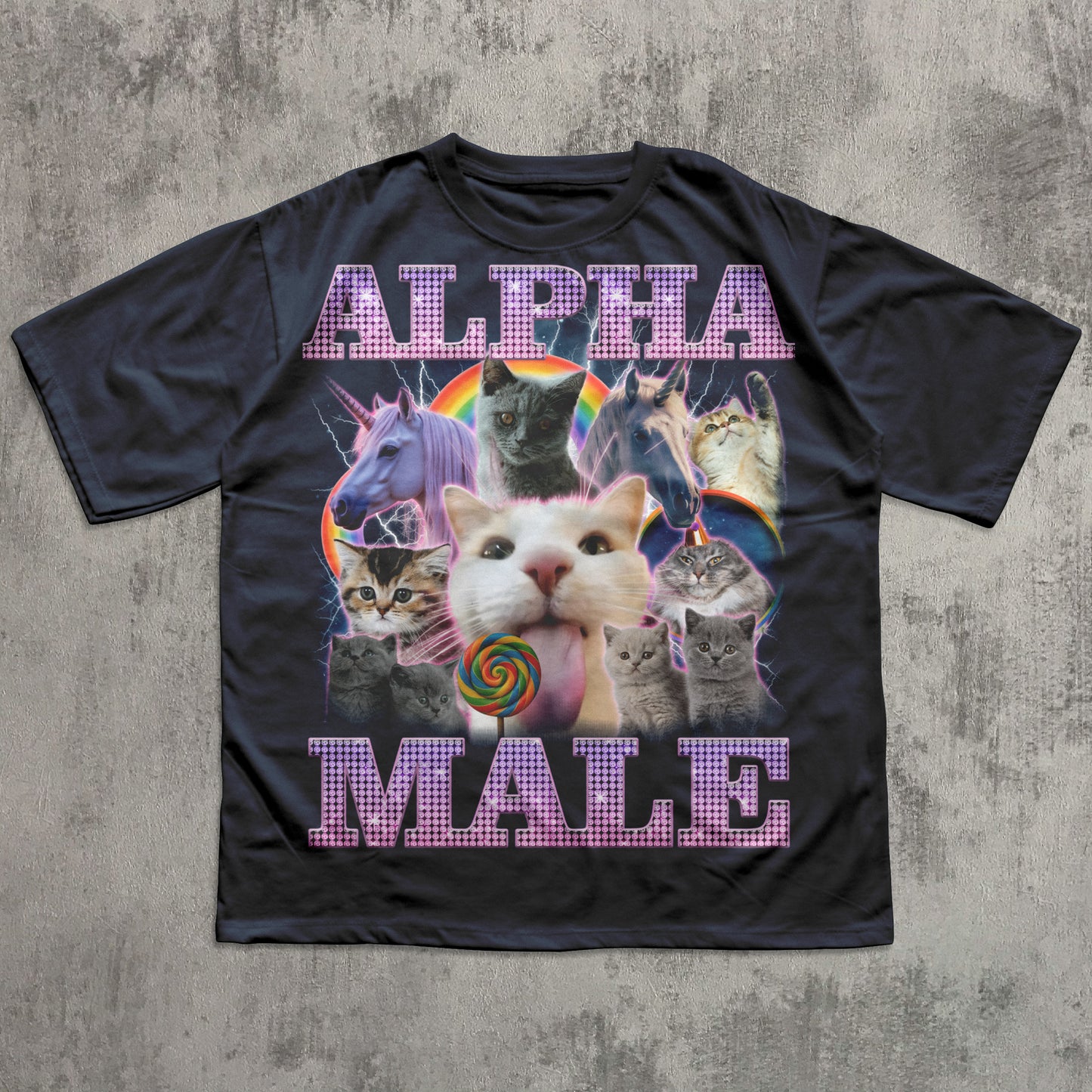 Alpha Male cat graphic T-shirt with colorful kittens and unicorn design on Navy tee