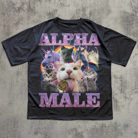 Alpha Male cat graphic T-shirt with colorful kittens and unicorn design on Navy tee
