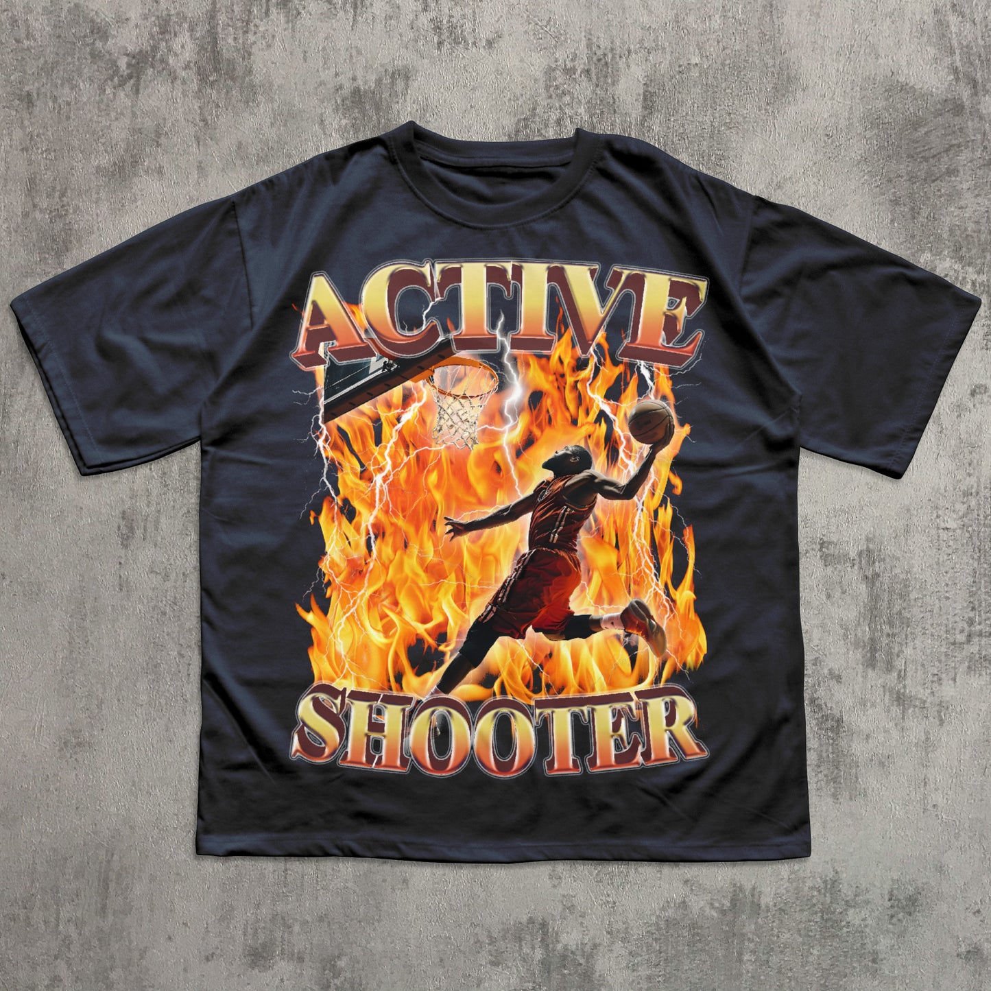 Funny navy t-shirt with 'Active Shooter' graphic design on a textured gray background