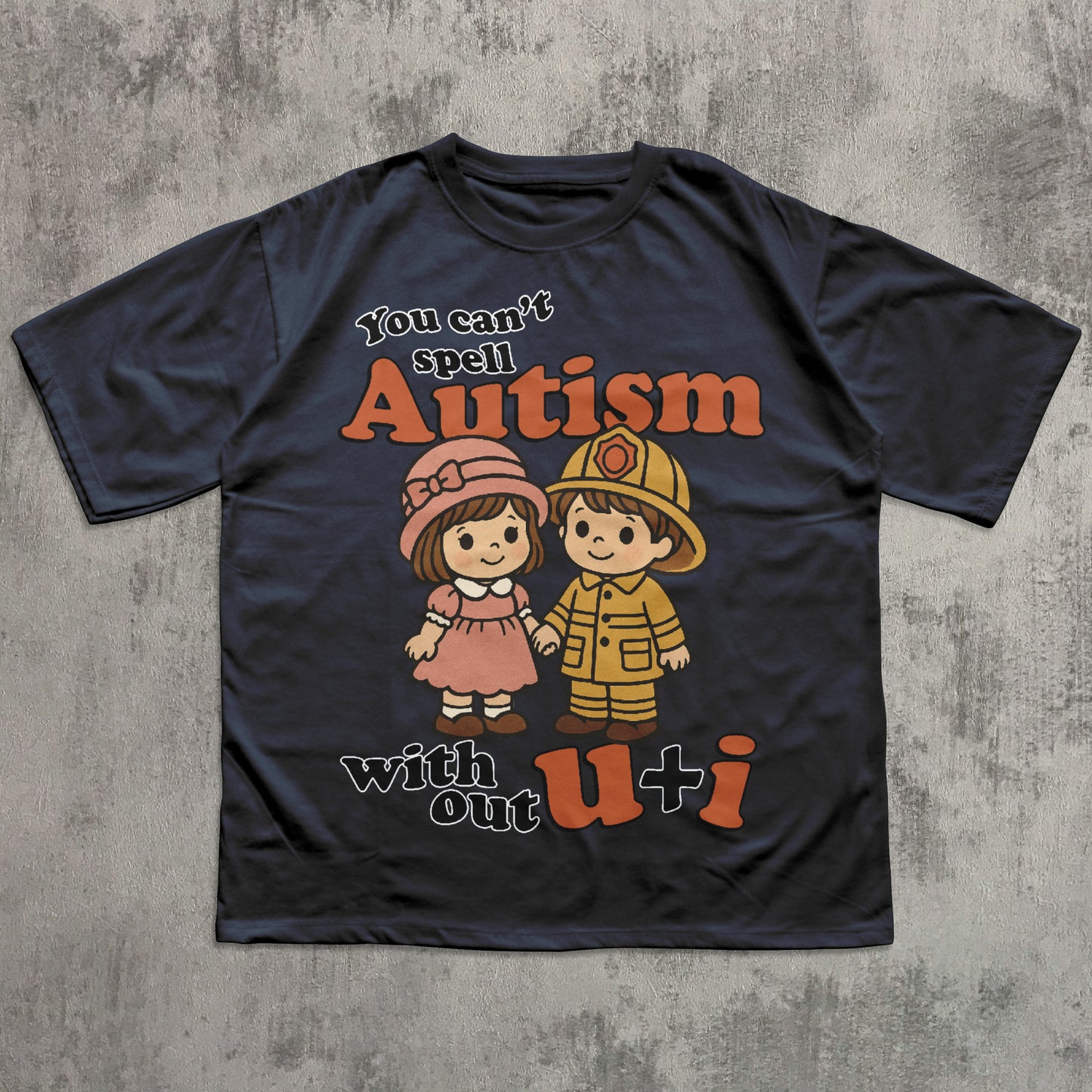 Black t-shirt with cartoon characters and text on a textured gray background
