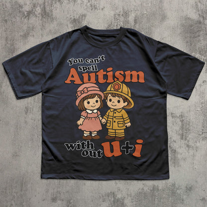 Black t-shirt with cartoon characters and text on a textured gray background