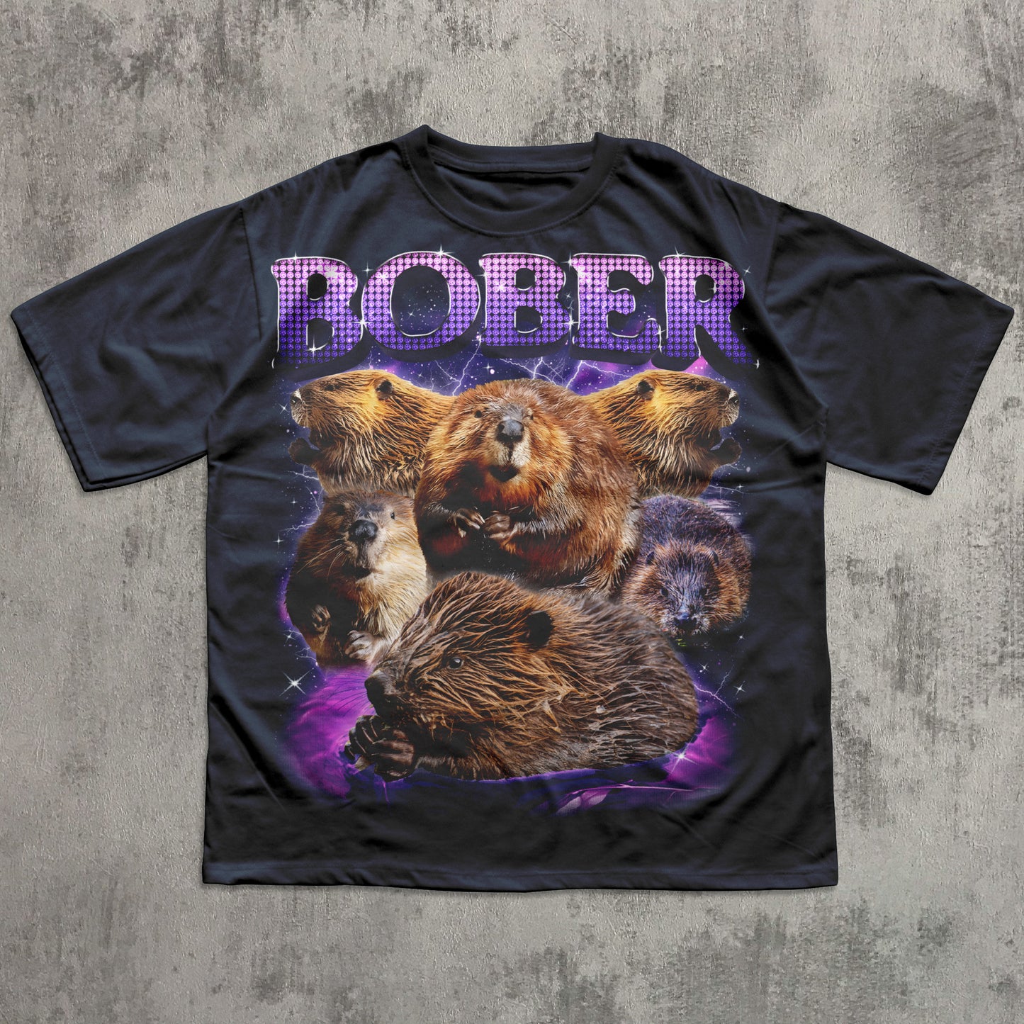 Black t-shirt with beaver graphic and 'BOBER' text on a textured gray background