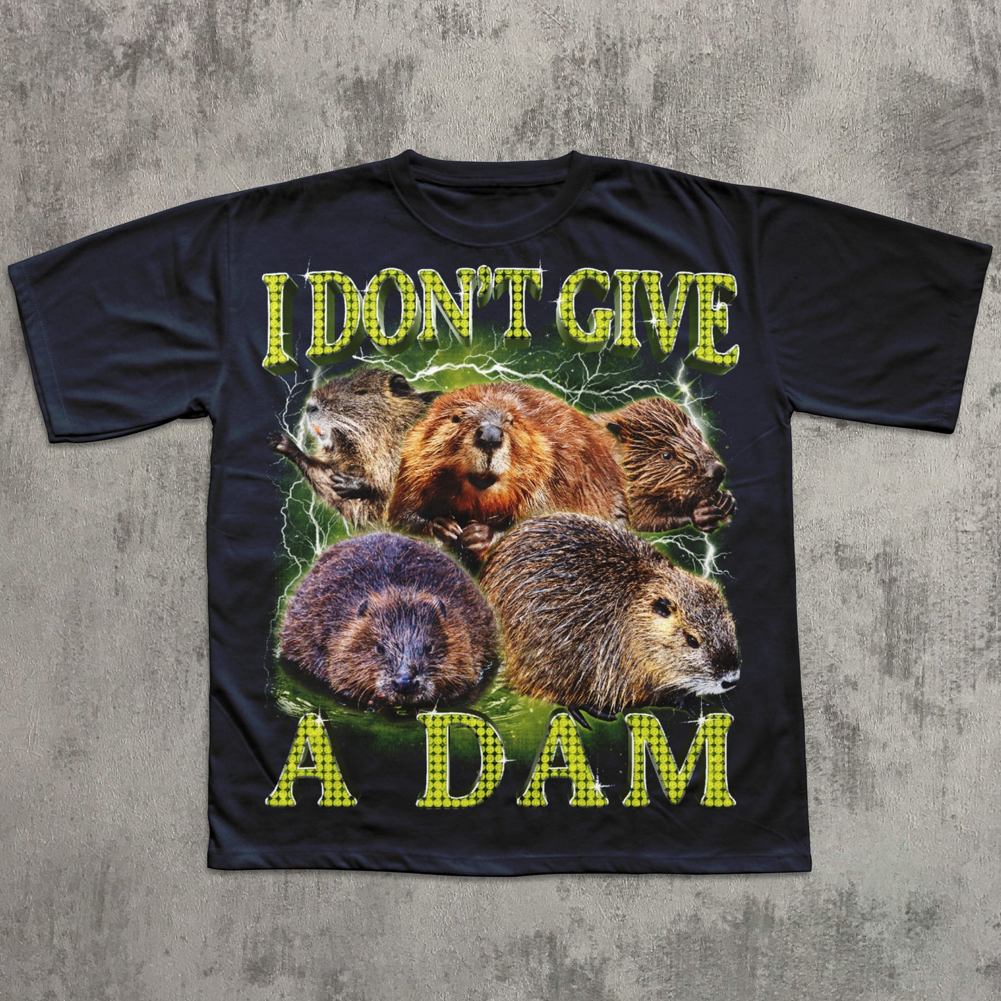 Funny novelty beaver T-shirt featuring realistic beaver images, neon lightning background, and the phrase ‘I Don’t Give A Dam’; great gag gift for wildlife lovers