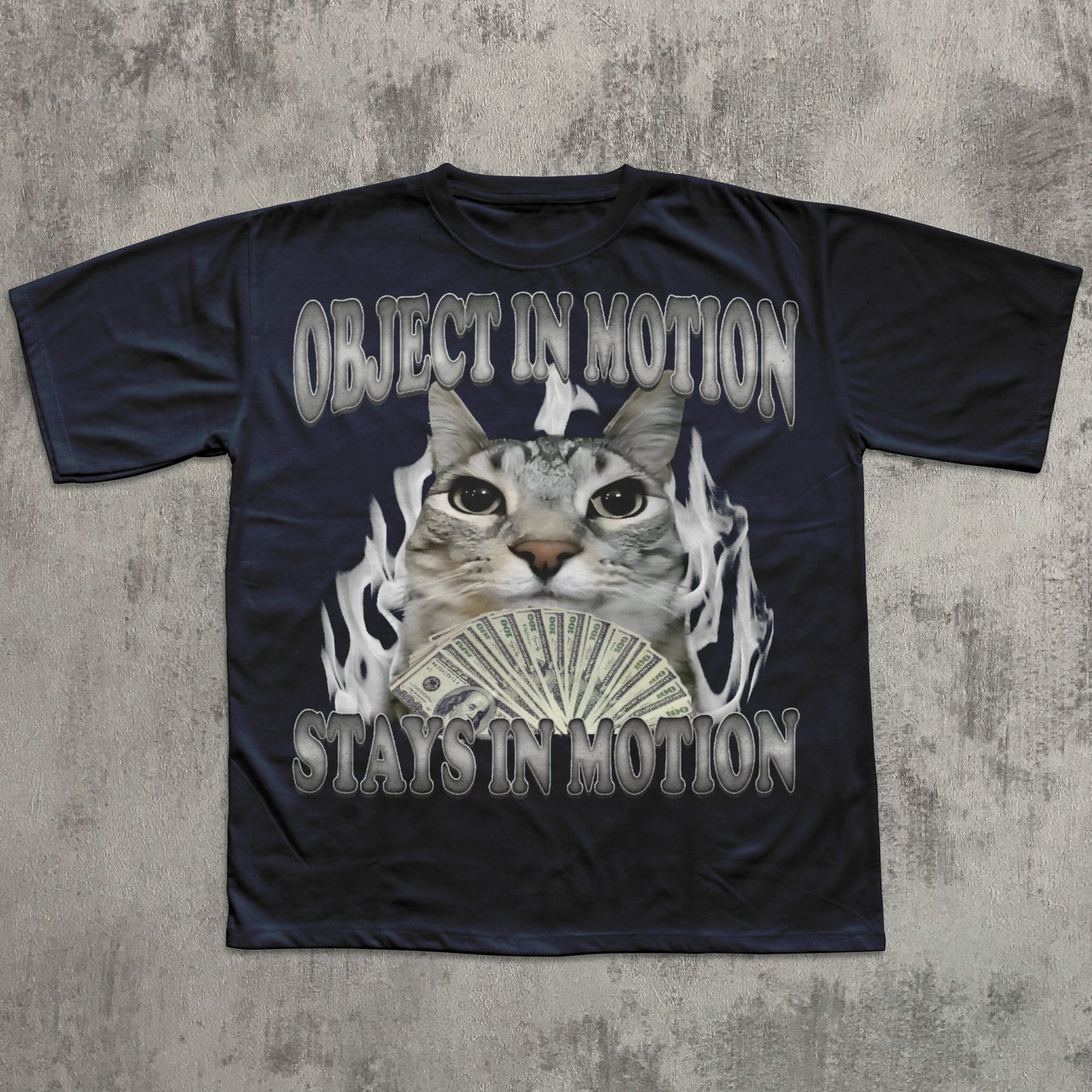 Black t-shirt with a graphic of a cat holding money and text on a textured gray background