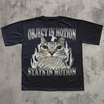 Black t-shirt with a graphic of a cat holding money and text on a textured gray background