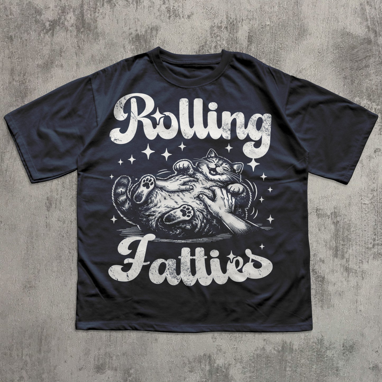 Black t-shirt with graphic design and text 'Rolling Fatties' on a textured gray background
