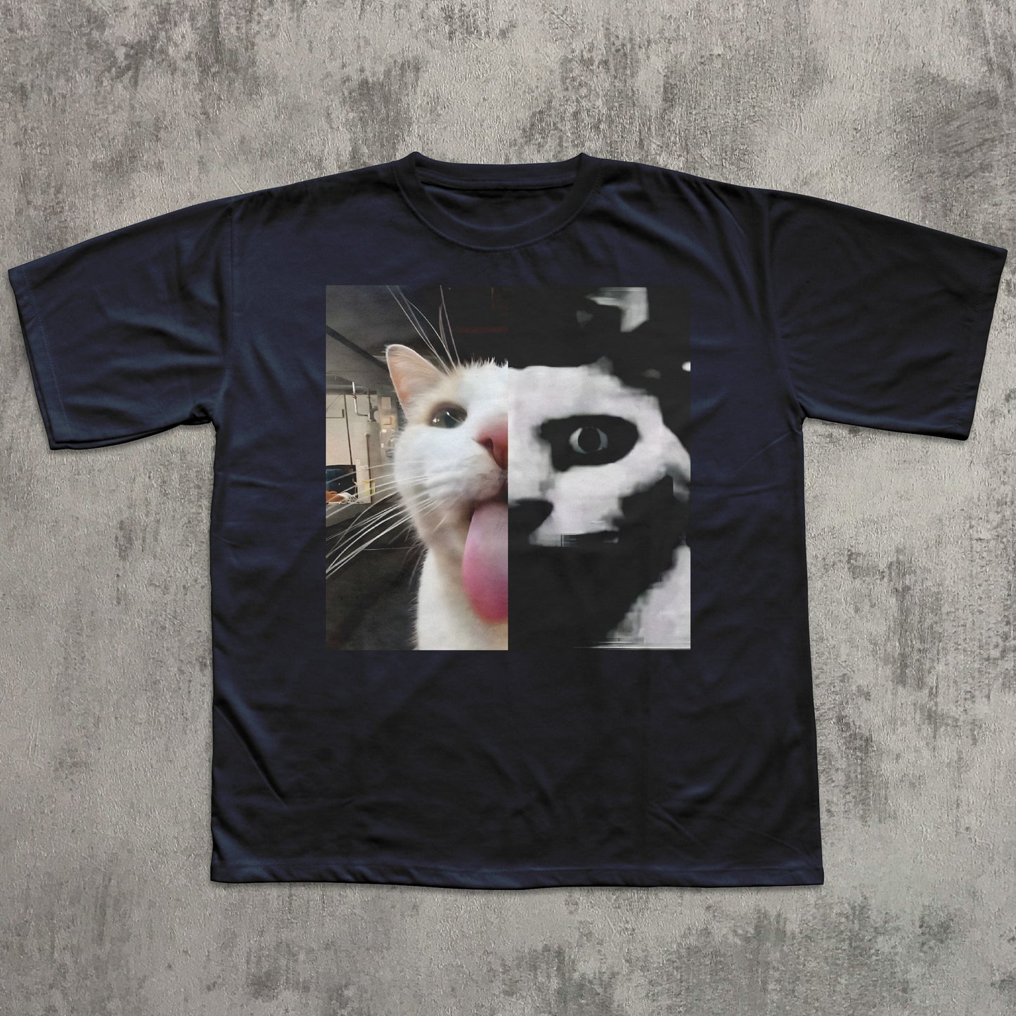 Black t-shirt with a graphic of a cat on a textured gray background