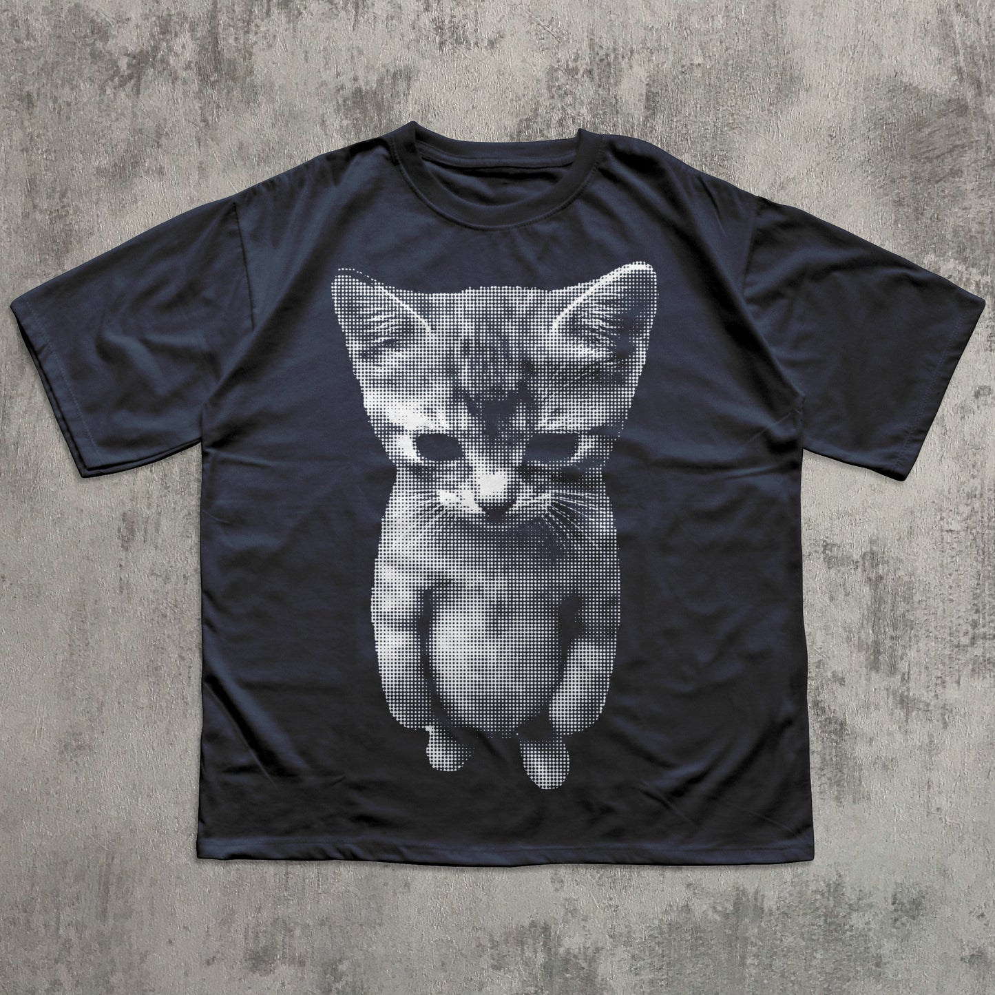 Trendy streetwear t-shirt showcasing realistic dotted cat portrait