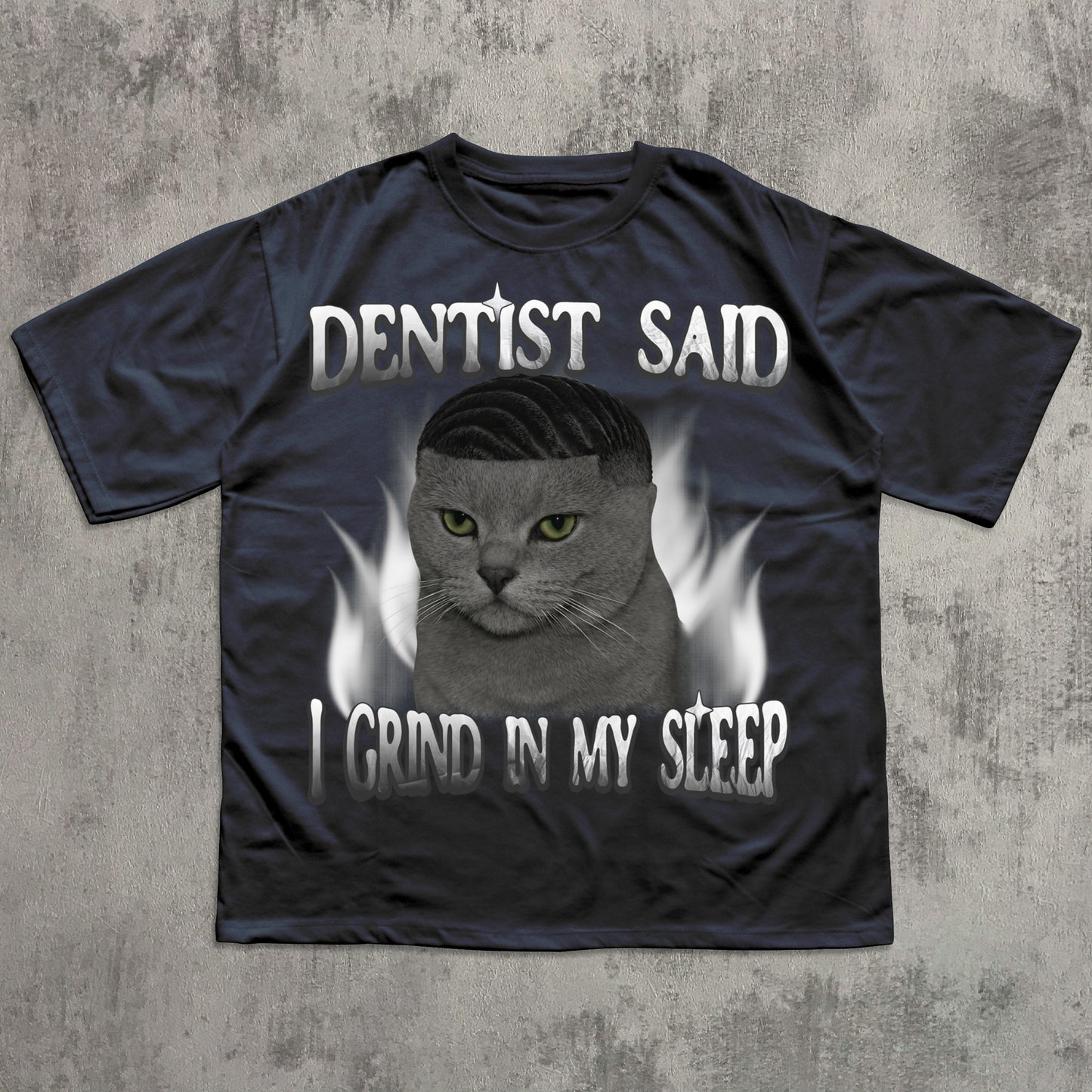 Navy Funny Meme t-shirt with a cat graphic and text on a textured gray background