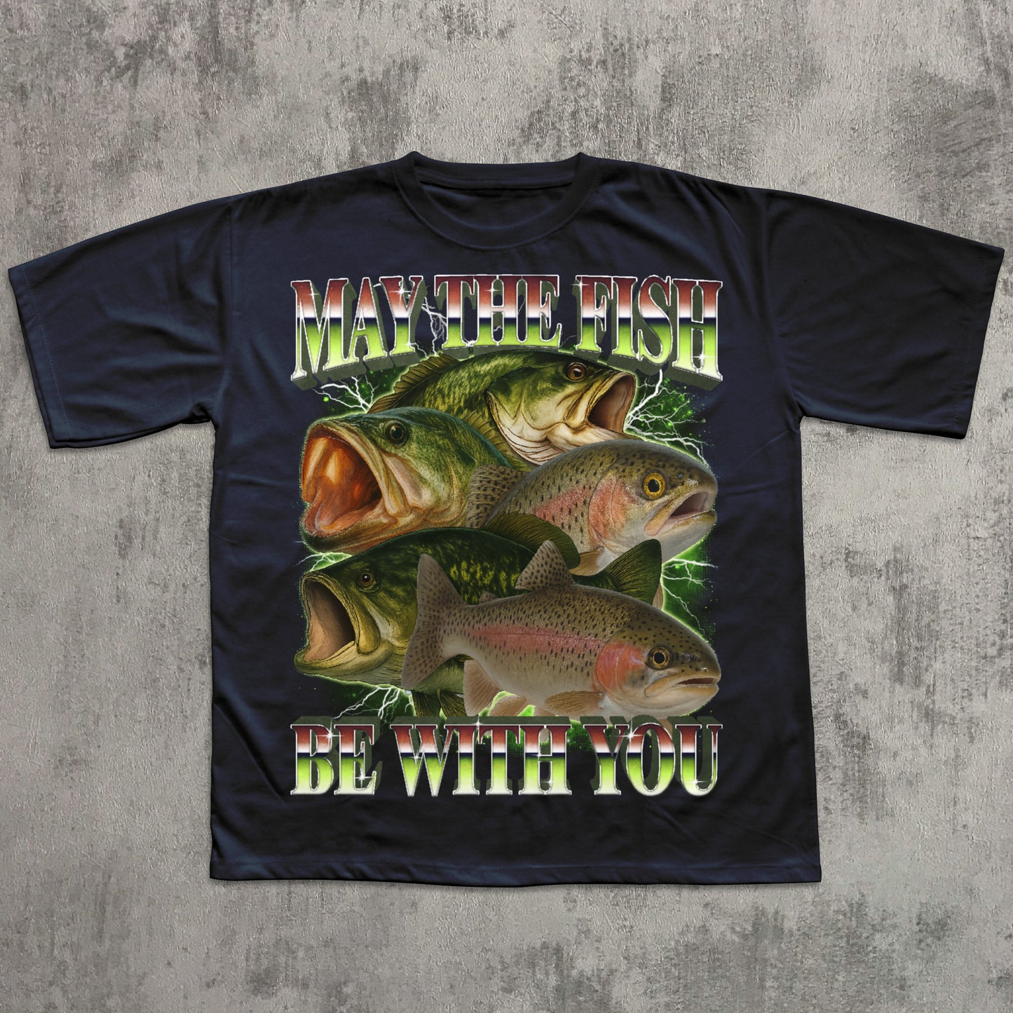 Black t-shirt with fish graphic and text 'May the fish be with you' on a textured gray background