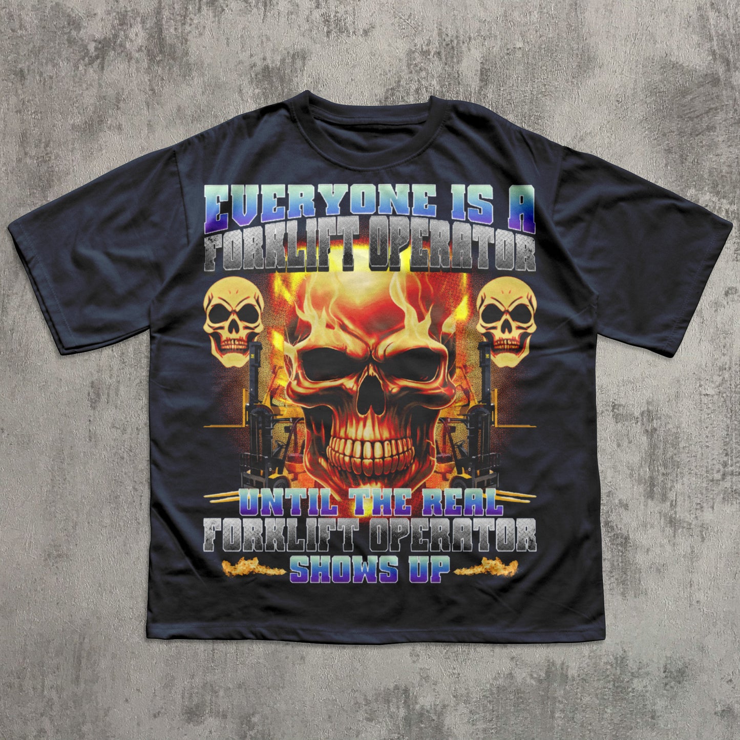 Black t-shirt with a graphic design featuring skulls and text on a concrete background