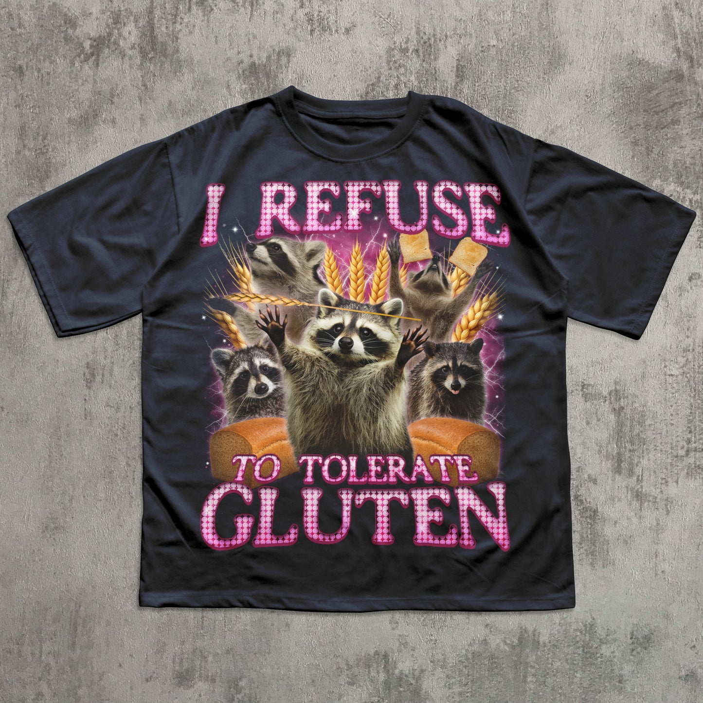 Navy graphic t-shirt for gluten intolerance with raccoons, bread loaves, wheat, and the phrase “I Refuse to Tolerate Gluten”