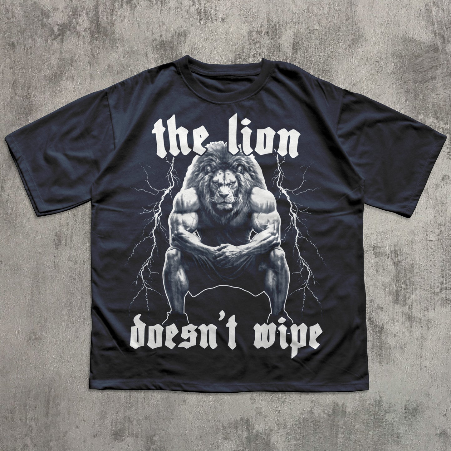 Black t-shirt with a graphic of a lion and text on a textured gray background