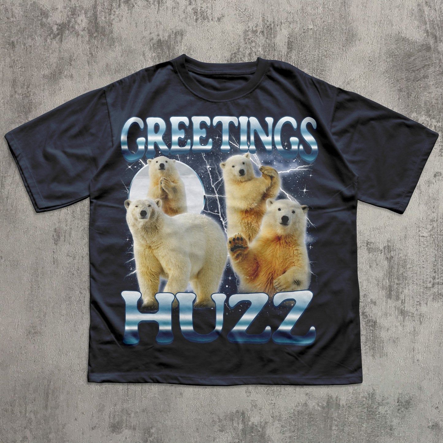 Black t-shirt with polar bear design and 'Greetings HUZZ' text on a textured gray background