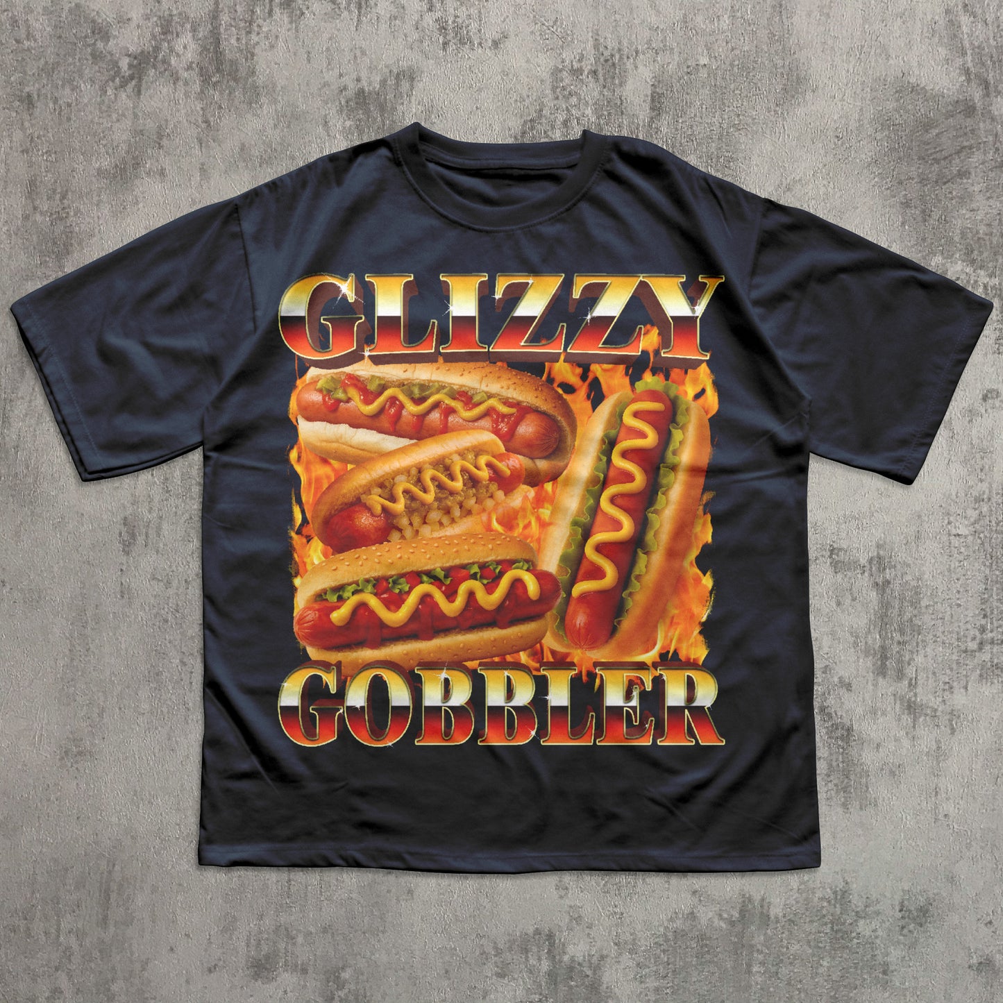 Black t-shirt with hot dog graphic and 'Glizzy Gobbler' text on a textured gray background