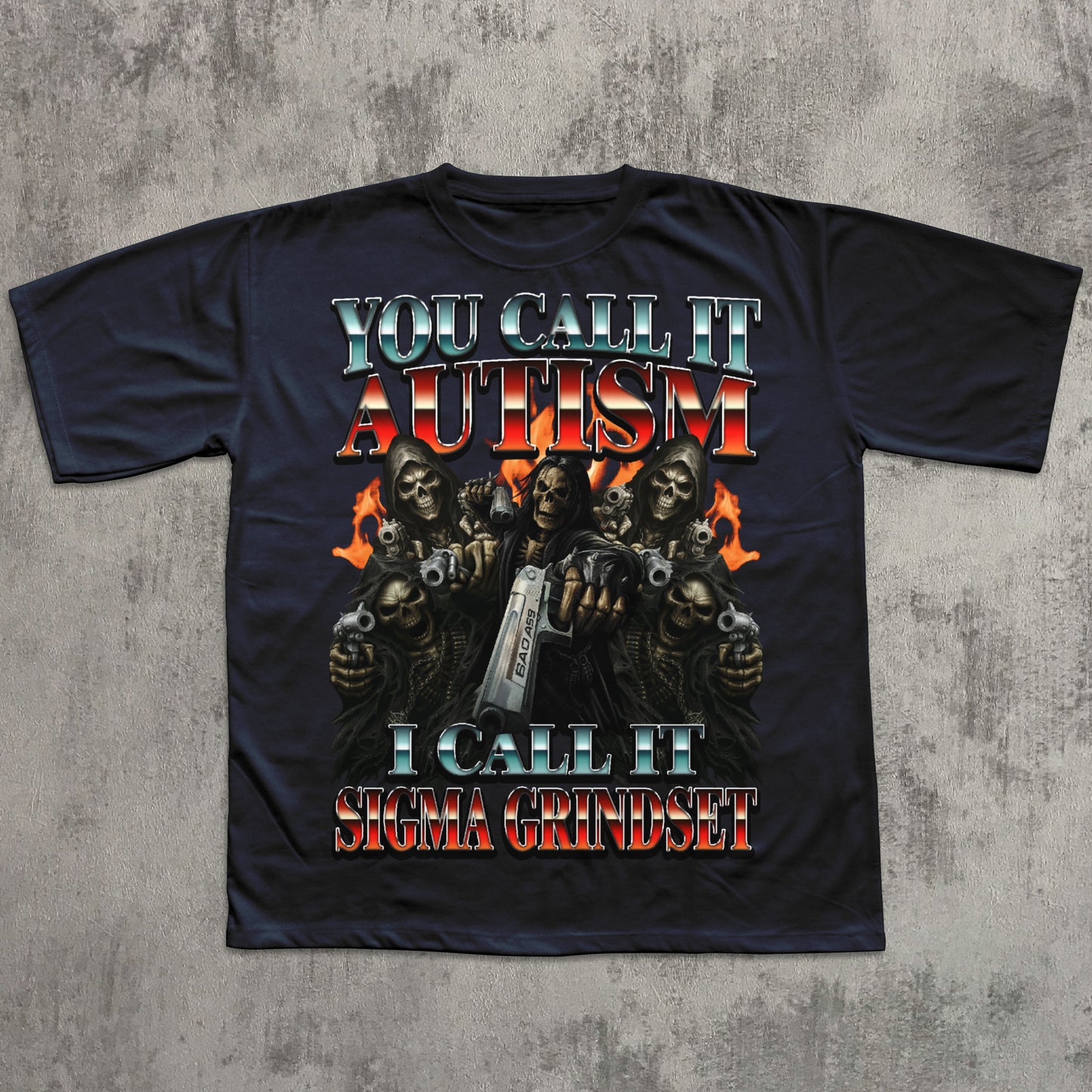 Black t-shirt with graphic design and text on a textured gray background