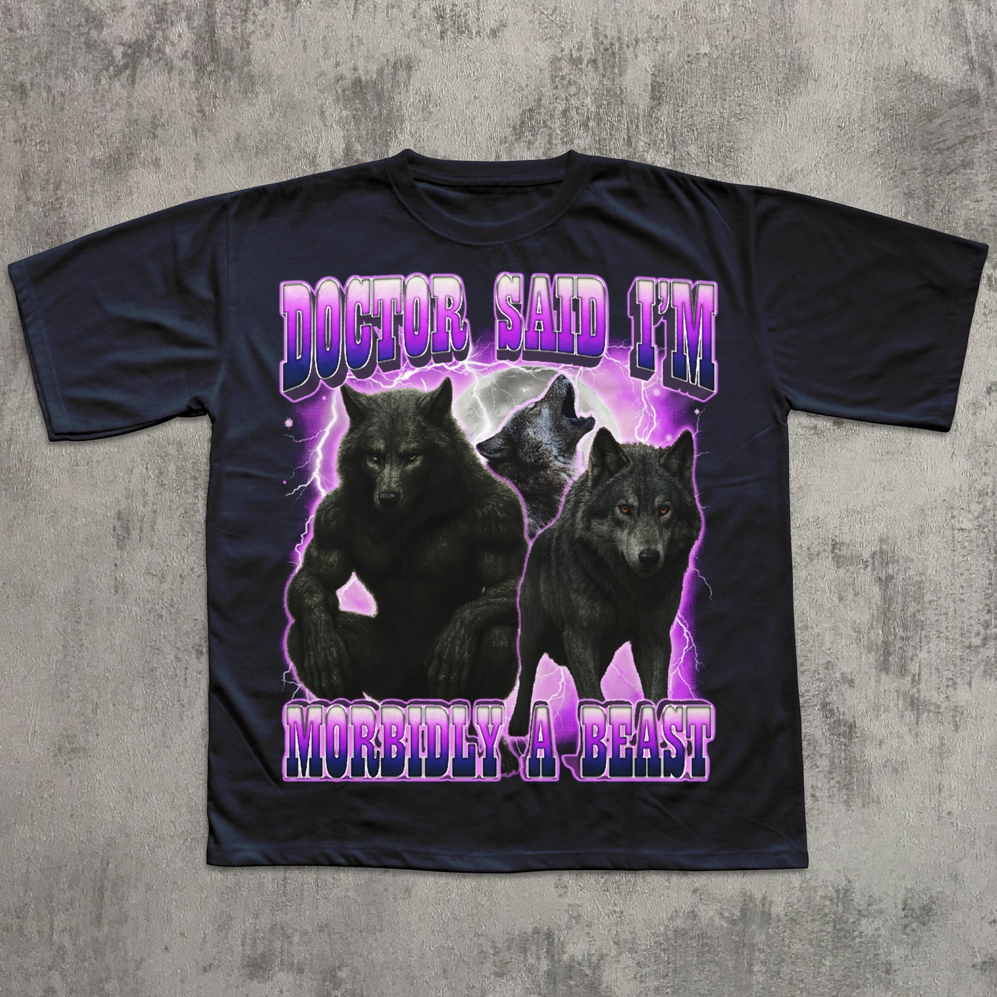 NavyFunny wolf graphic T-shirt with muscular wolf artwork, purple lightning background, and meme text ‘Doctor said I’m morbidly a beast.’ Novelty wolf shirt for fans of gothic, fantasy, or meme apparel.