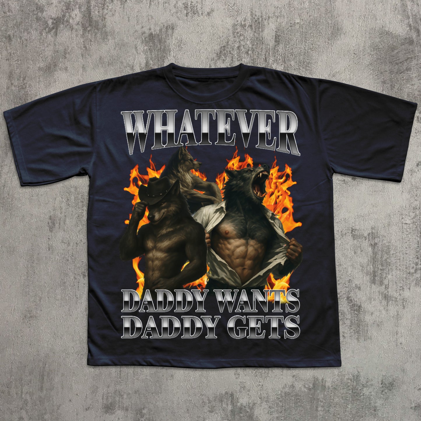 Black t-shirt with graphic design and text on a textured gray background