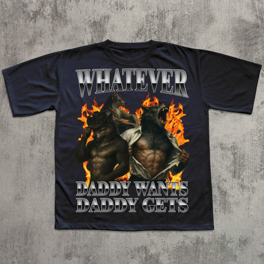 Black t-shirt with graphic design and text on a textured gray background