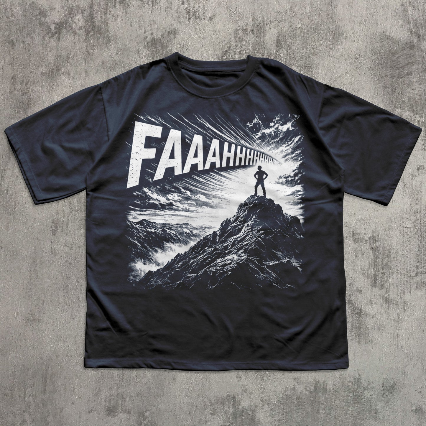 Black t-shirt with graphic design and 'FAAAHHH' text on a textured gray background