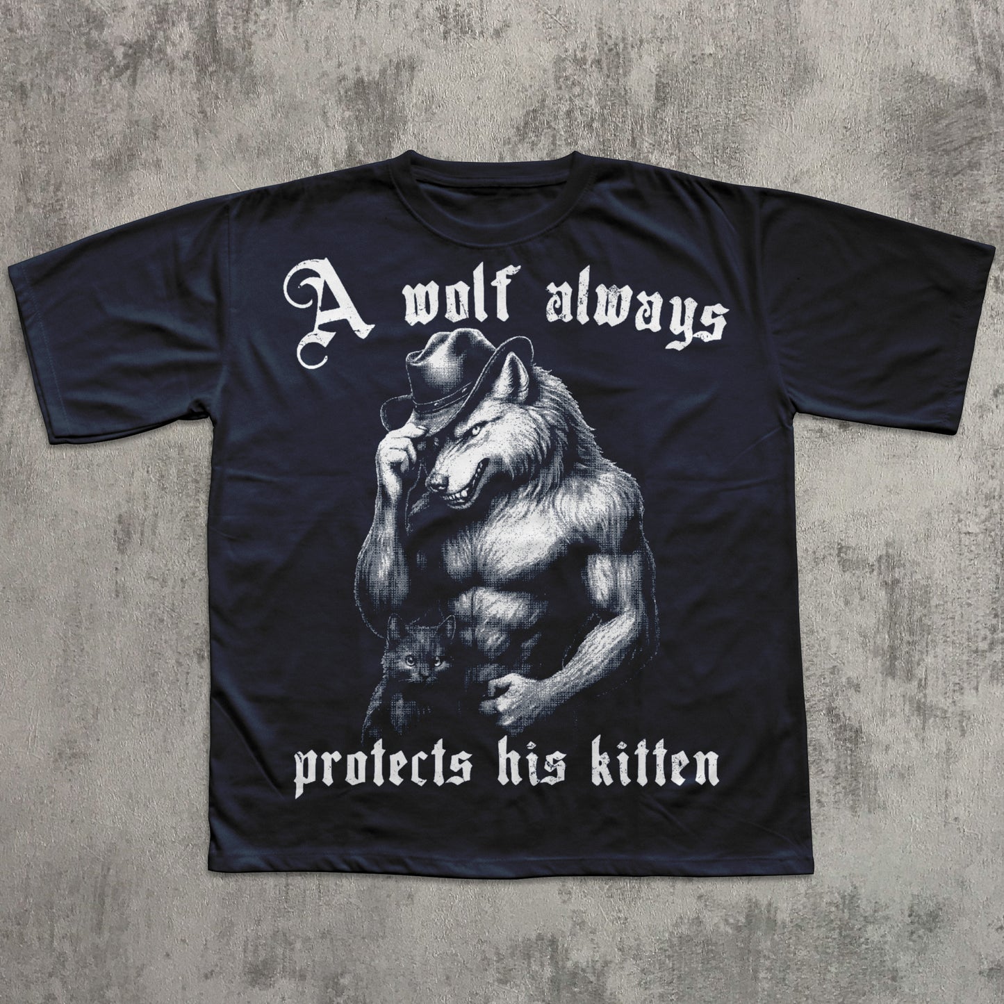 Black t-shirt with a graphic of a wolf wearing a cowboy hat and text on a concrete surface