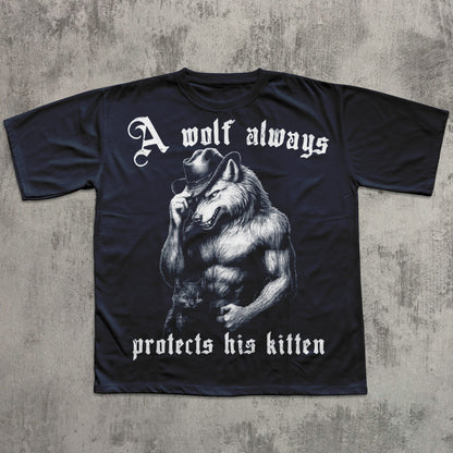 Black t-shirt with a graphic of a wolf wearing a cowboy hat and text on a concrete surface