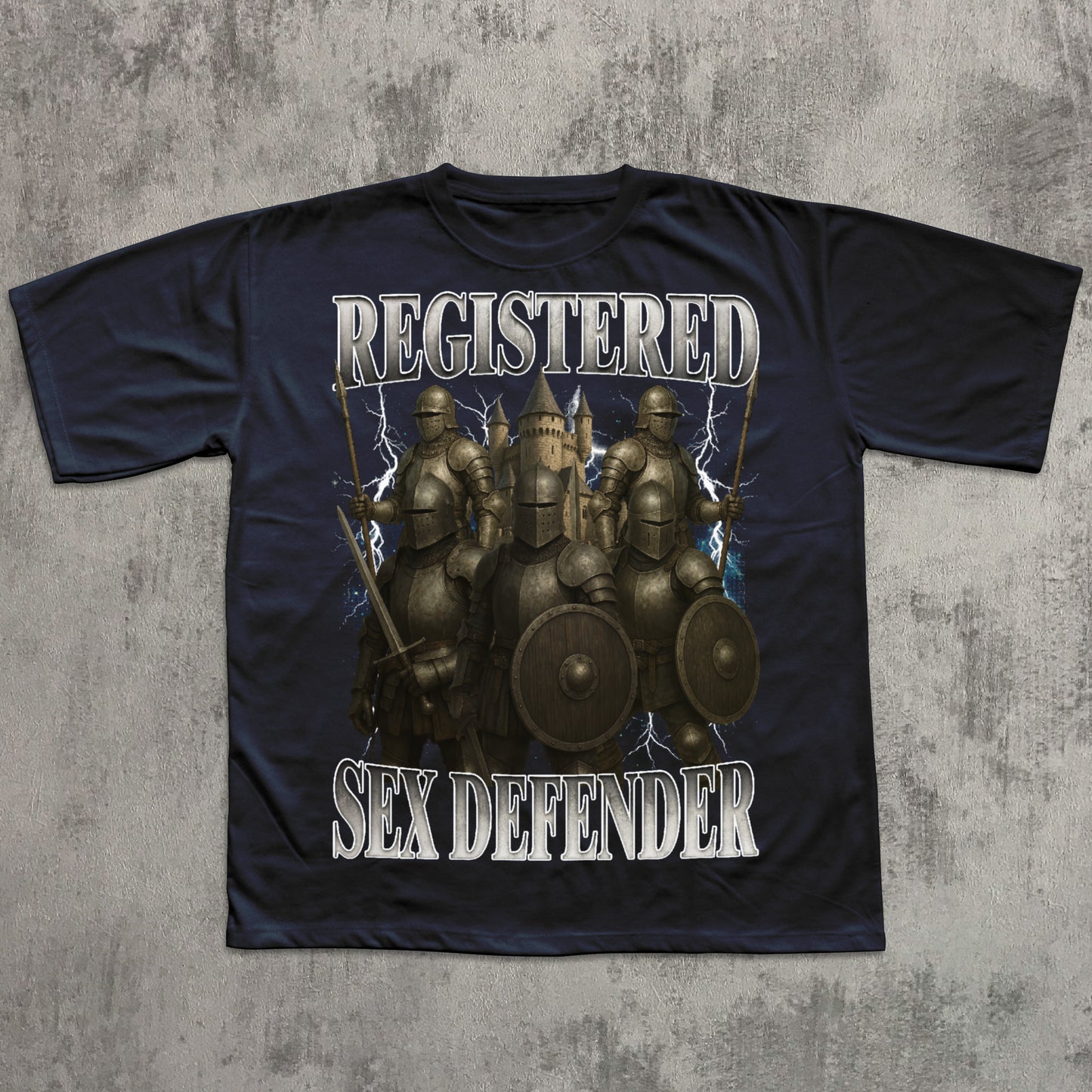 Black t-shirt with warrior graphic and text 'REGISTERED SEX DEFENDER' on a textured gray background
