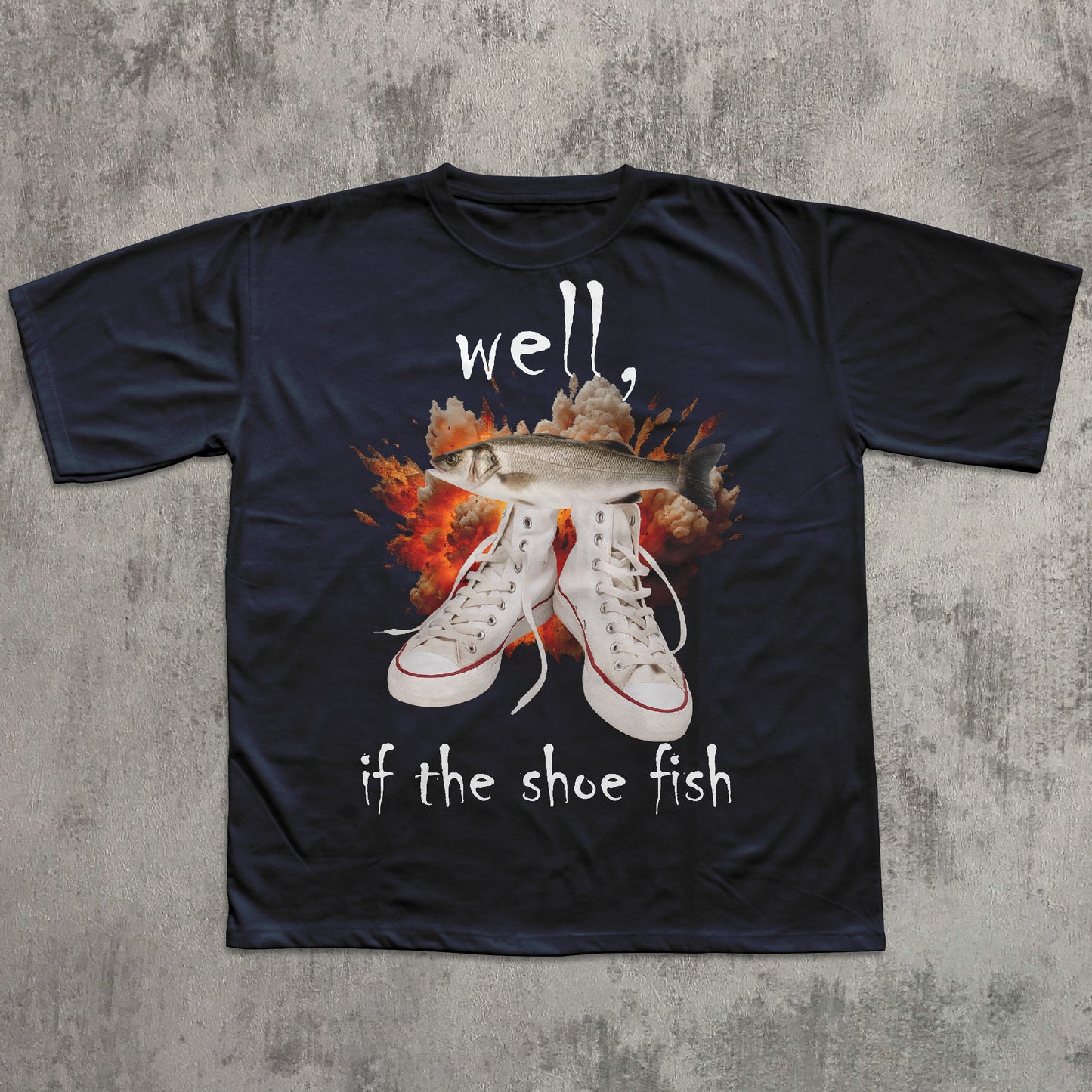 Black t-shirt with graphic design and text on a textured gray background