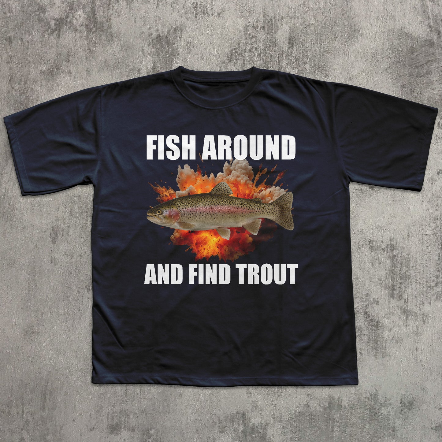 Black t-shirt with a fish graphic and text on a textured gray background