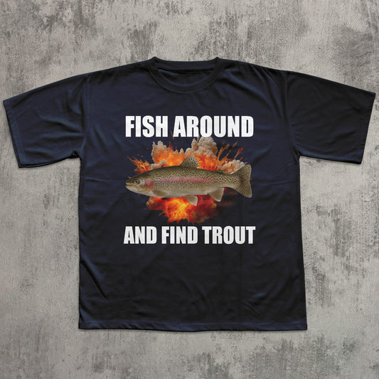 Black t-shirt with a fish graphic and text on a textured gray background