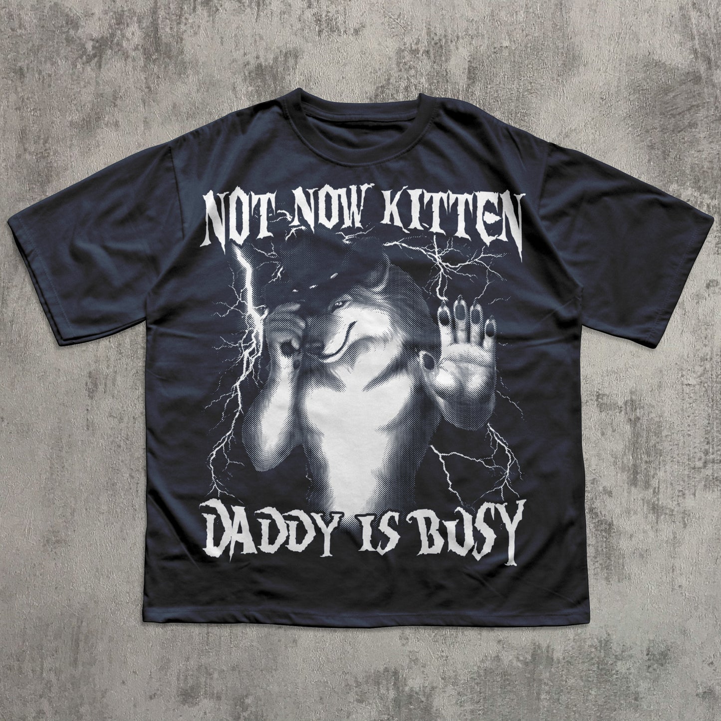 Navy Funny t-shirt with graphic design and text on a textured gray background