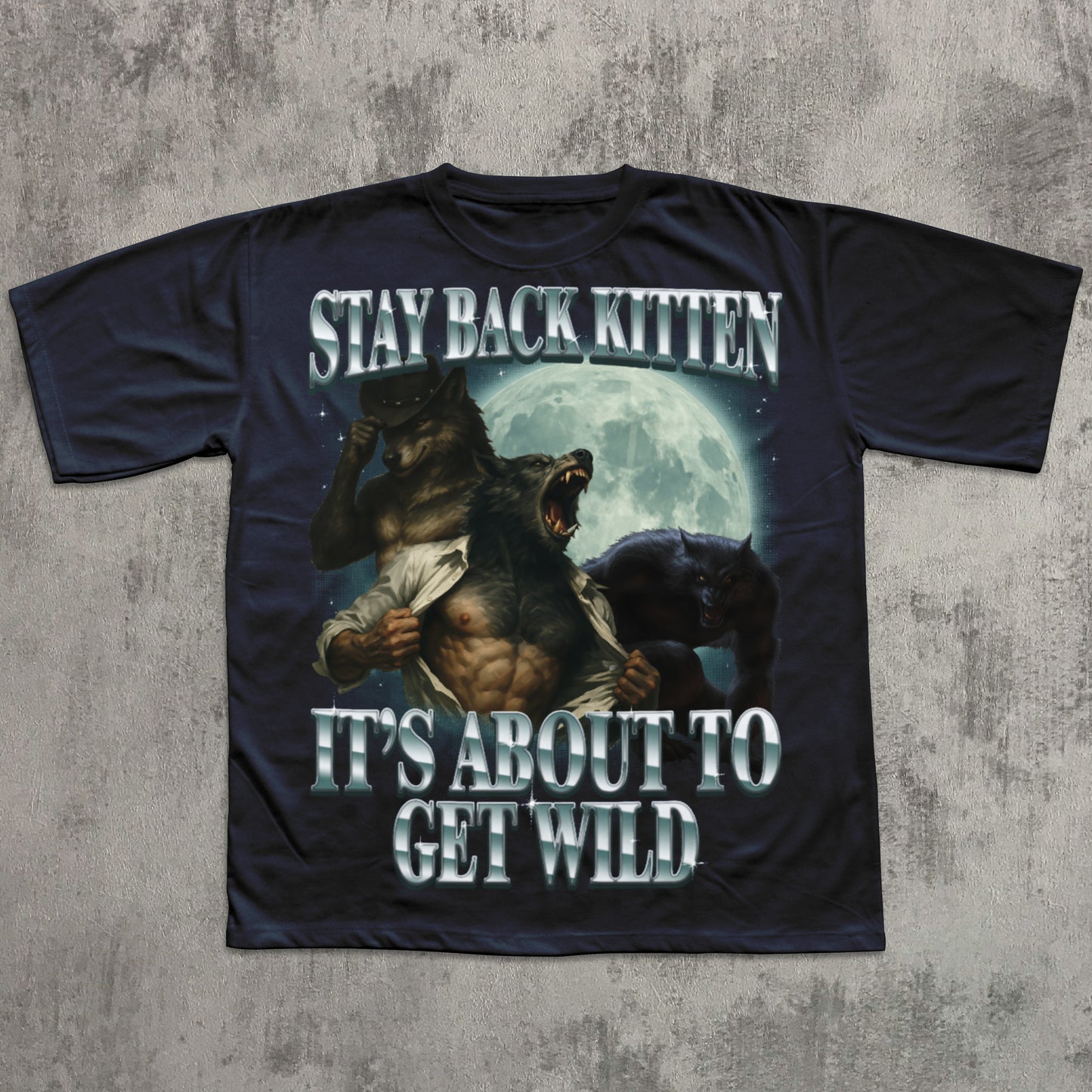 Black t-shirt with graphic design and text on a textured gray background