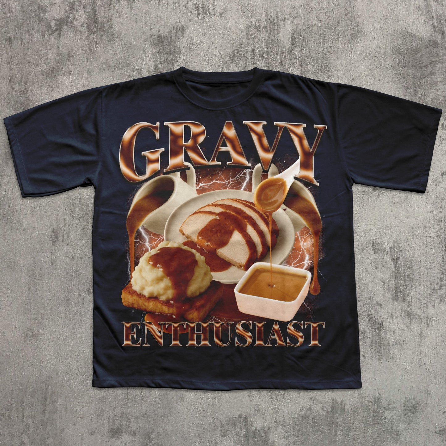 Black t-shirt with 'Gravy Enthusiast' graphic design on a textured gray background