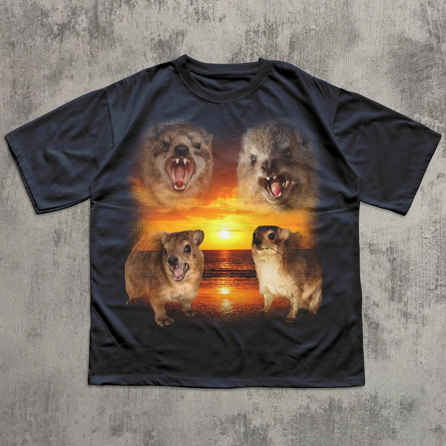 Black t-shirt with four animals at sunset design on a textured gray background