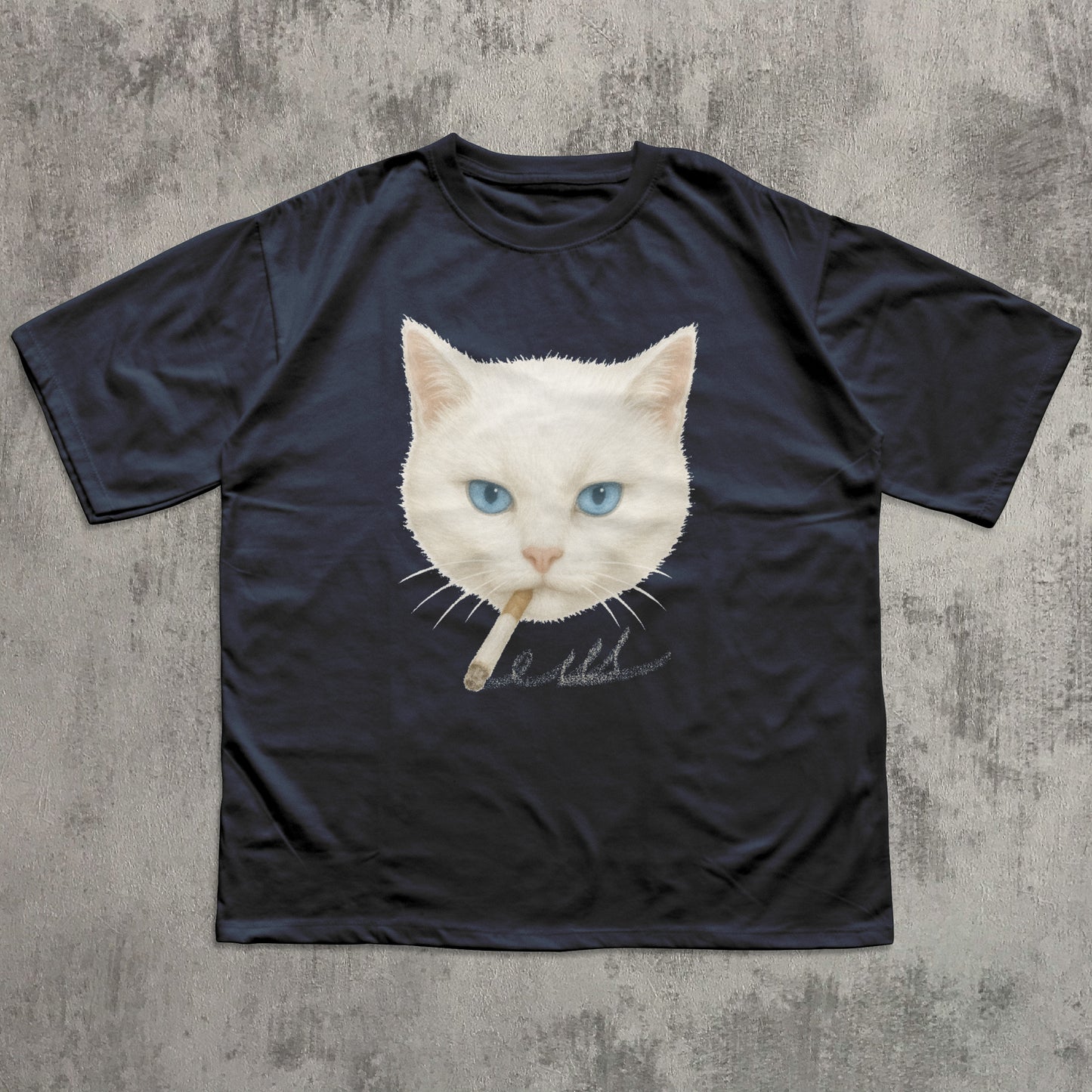 Black t-shirt with a graphic of a cat smoking a cigarette on a textured gray background