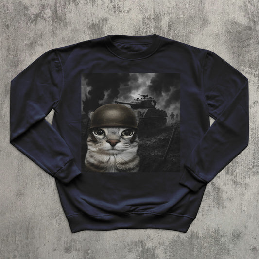 Cat in Battlefield Funny Meme Sweatshirt, Stupid Gifts, Silly Cats Sweater, Kitten Soldier Sweatshirts, Weird Tops, Ugly Sweaters, Cat Lover