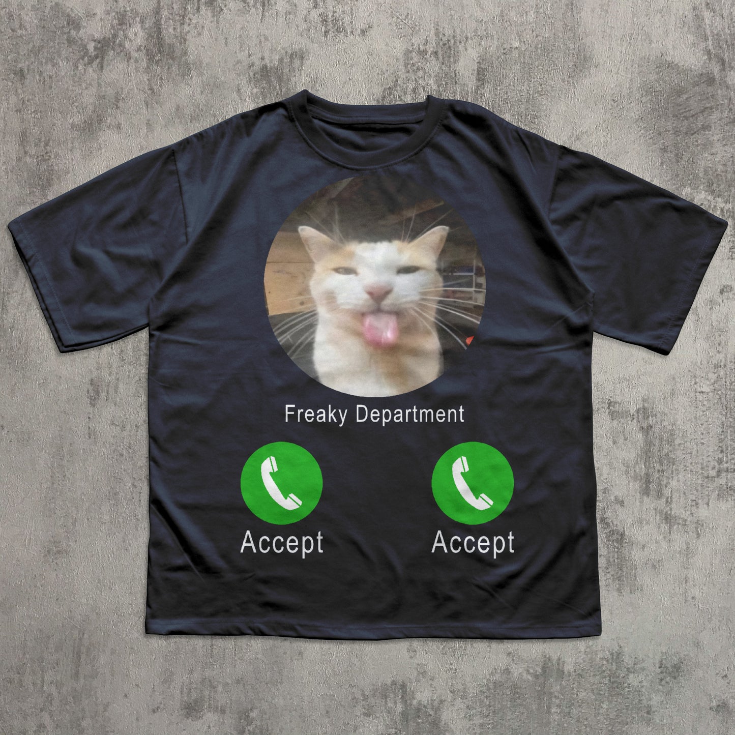Black t-shirt with a cat graphic and 'Freaky Department' text on a textured gray background