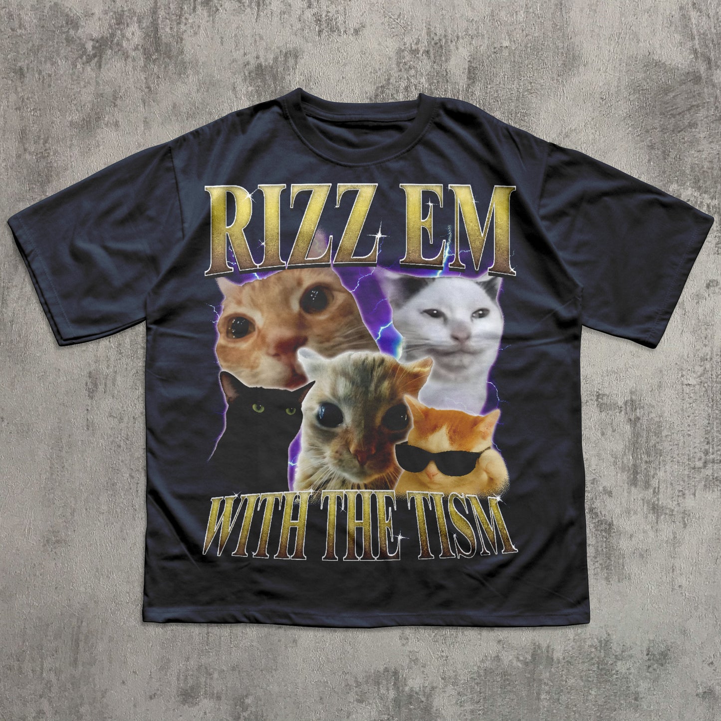 Rizz Em With The Tism Vintage Graphic Tee, Retro 90s Funny Cat Meme Shirt, Weird Shirts