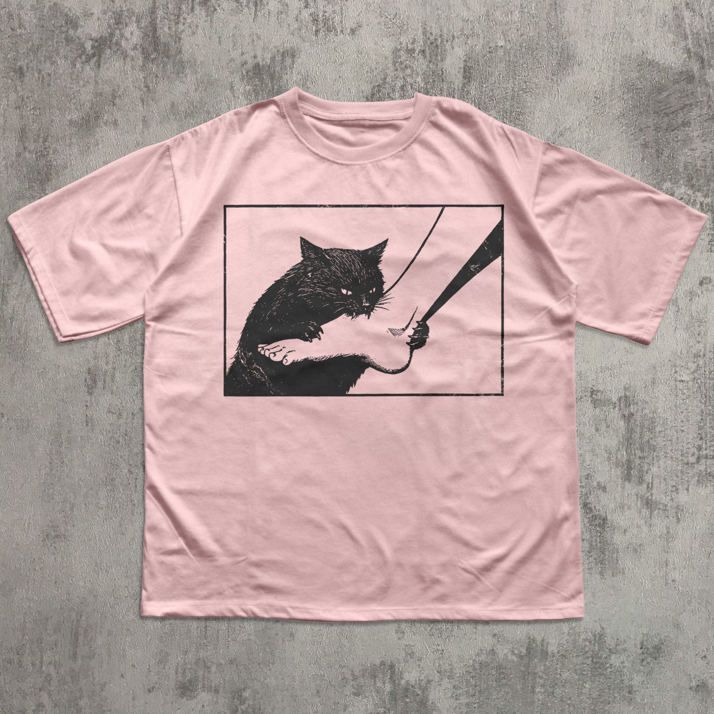 Dark humor cat graphic tee featuring black cat illustration biting foot, funny cat lover shirt