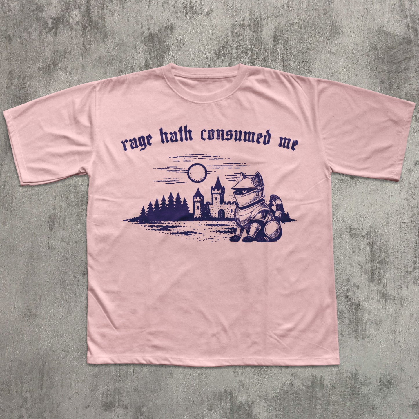 Pink t-shirt with graphic design and text on a textured gray background