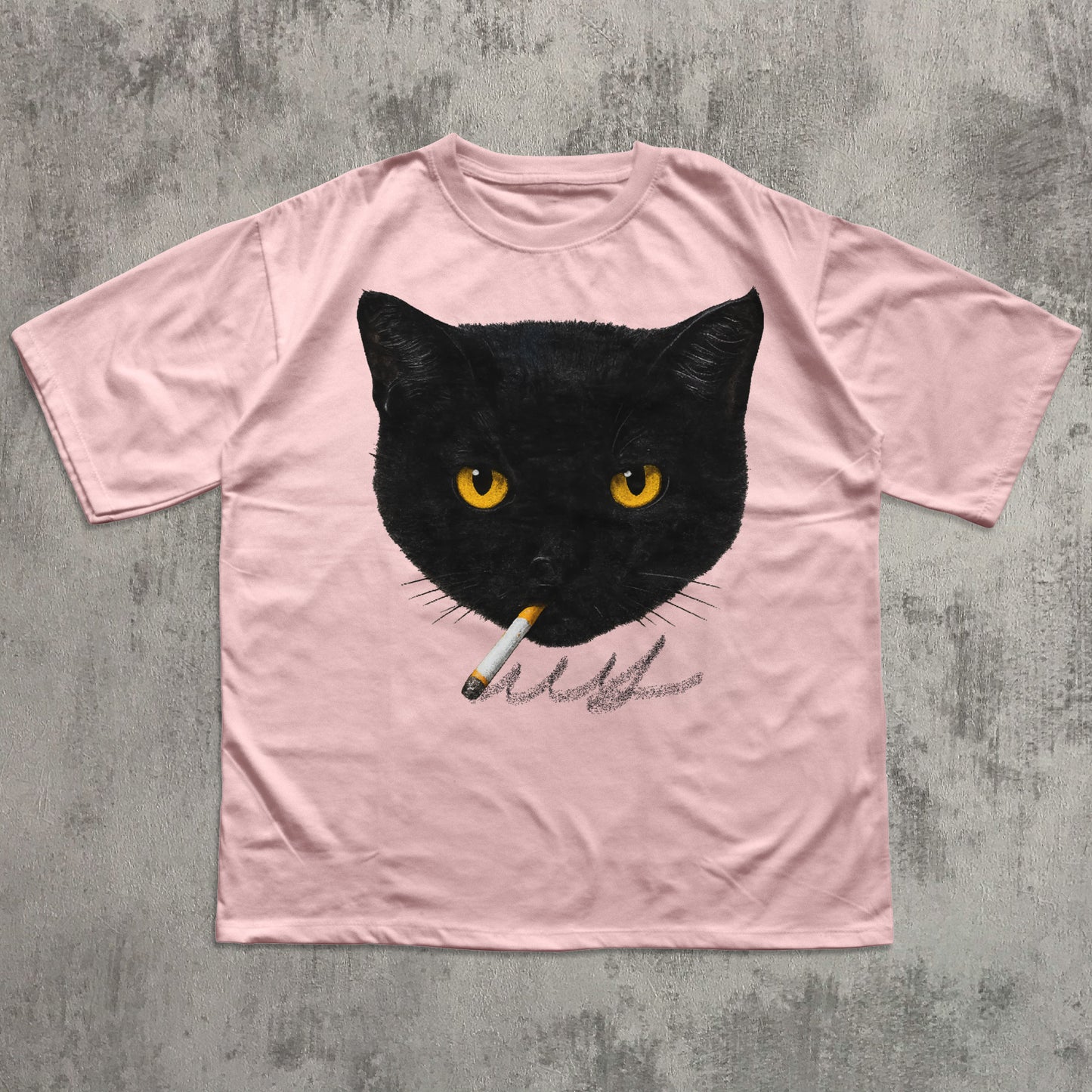 Pink t-shirt with a black cat graphic holding a cigarette on a textured gray background
