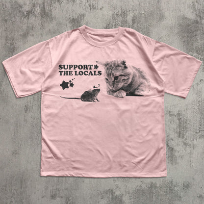 Support The Locals Y2k Cat And Mouse T-shirt, Vintage Graphic Cats Tee, Retro Kitten Shirt