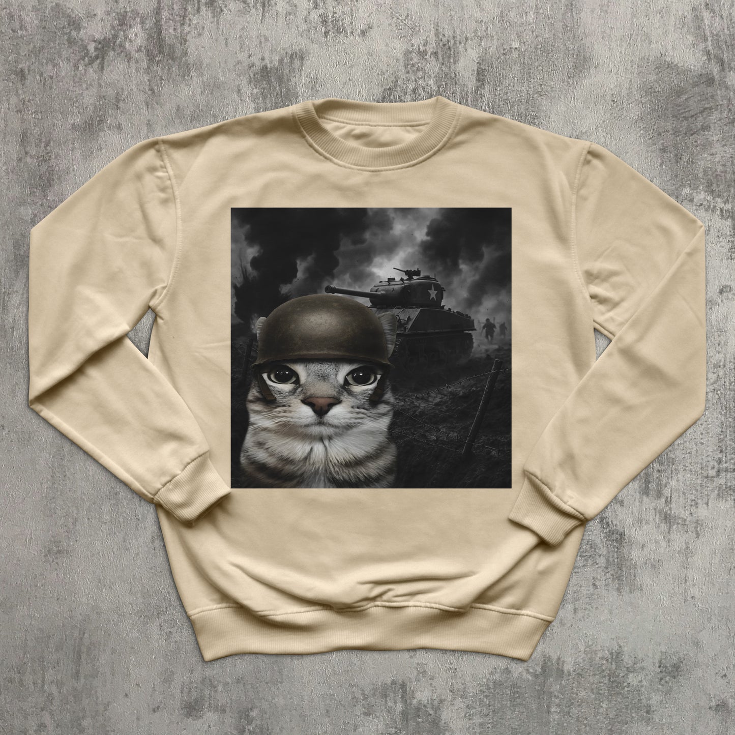 Cat in Battlefield Funny Meme Sweatshirt, Stupid Gifts, Silly Cats Sweater, Kitten Soldier Sweatshirts, Weird Tops, Ugly Sweaters, Cat Lover